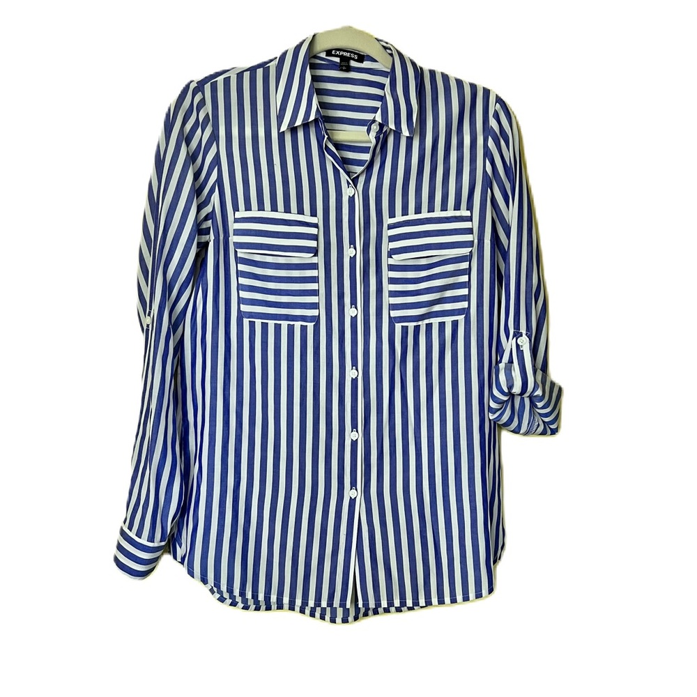 Express Sz SPWomens Button Front‎ Stripped Blouse Flap Pockets Roll up Sleeves